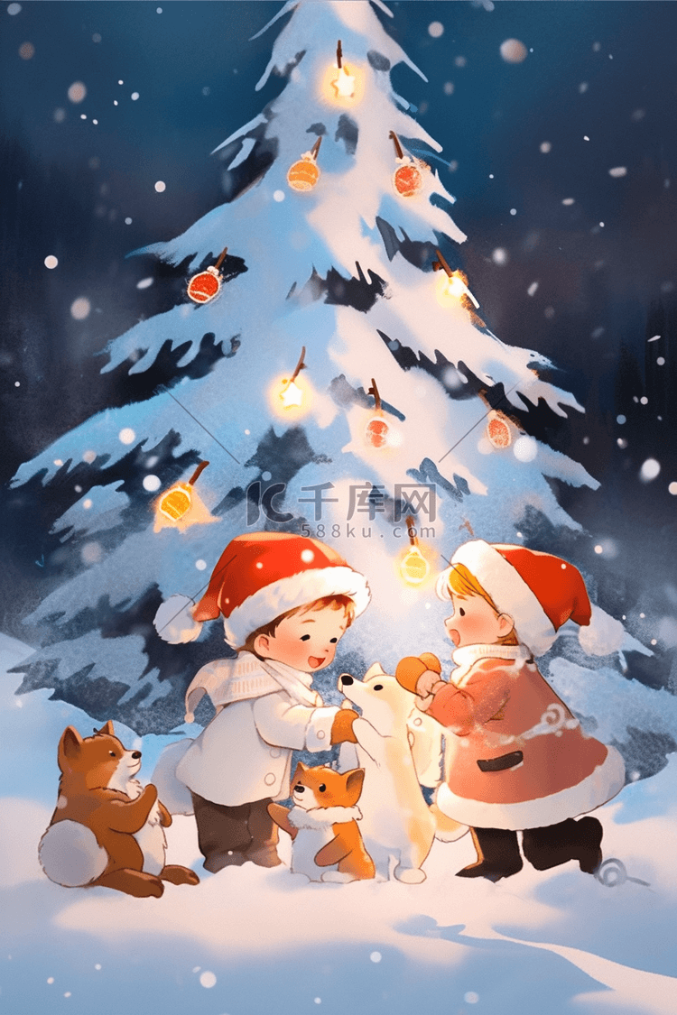 海报圣诞节孩子和小动物一起堆雪人手绘插画
