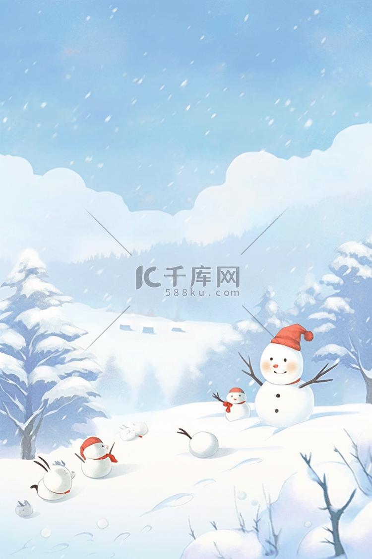 冬天海报雪人松树手绘插画