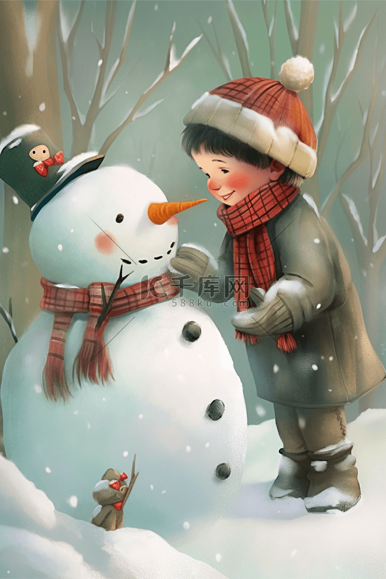 可爱男孩冬天雪人手绘插画
