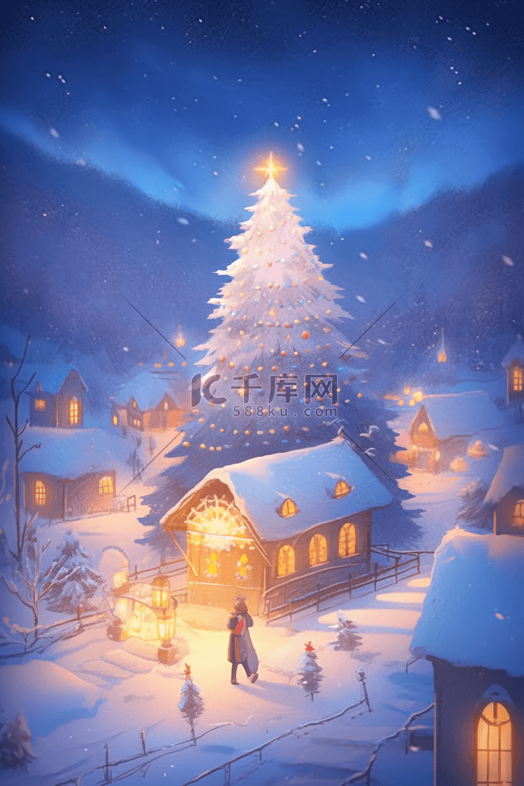 海报夜晚圣诞节小镇插画
