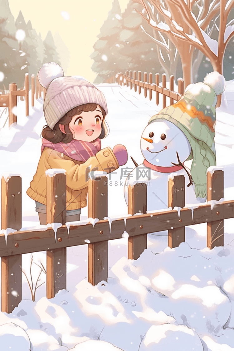插画冬天手绘女孩堆雪人海报