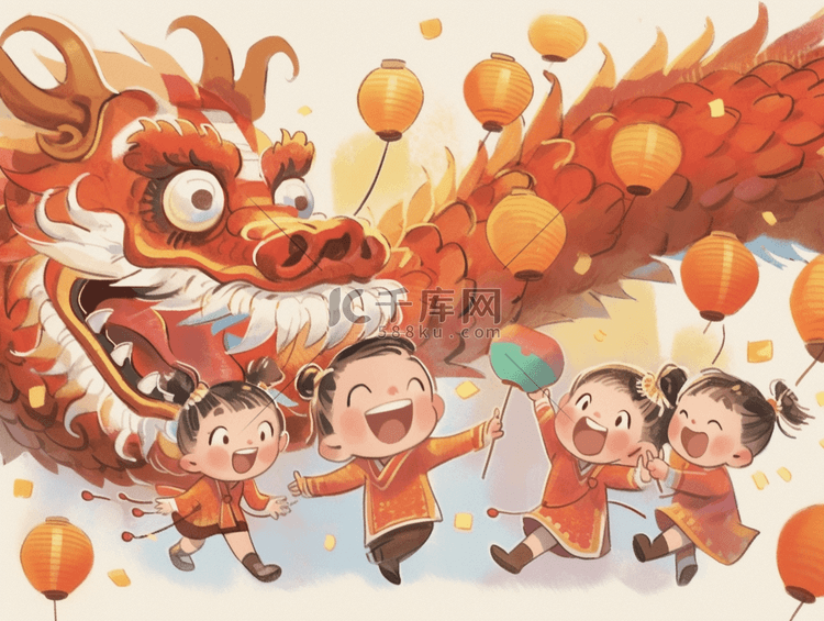 龙年插画春节新年舞龙喜庆