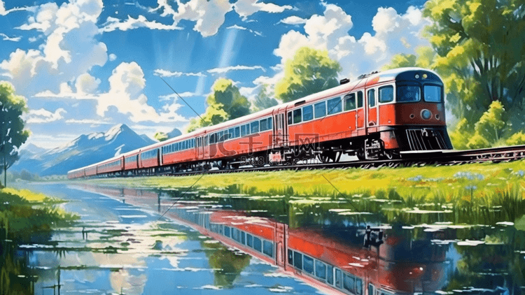 一辆火车开在春天草地上插画