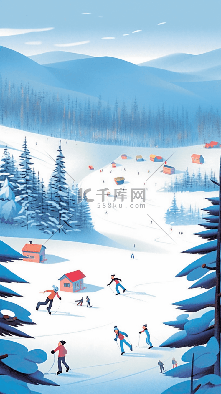 海报冬天滑雪场滑雪玩耍插画手绘