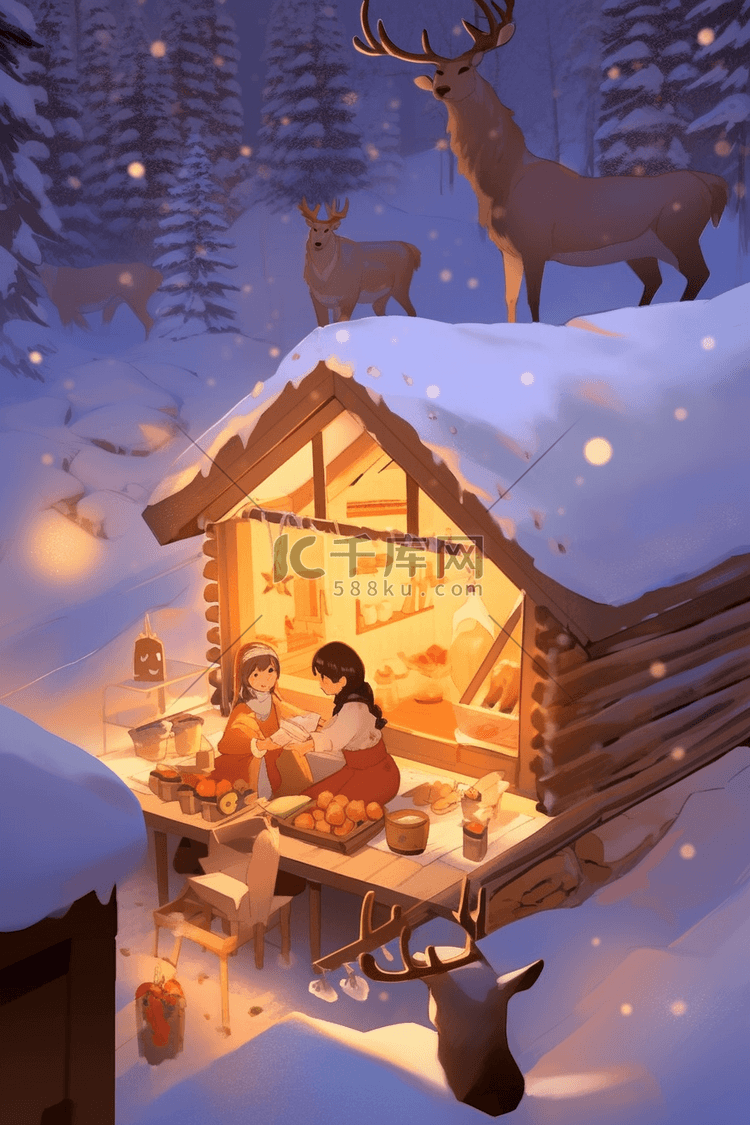 麋鹿圣诞节木屋手绘插画海报