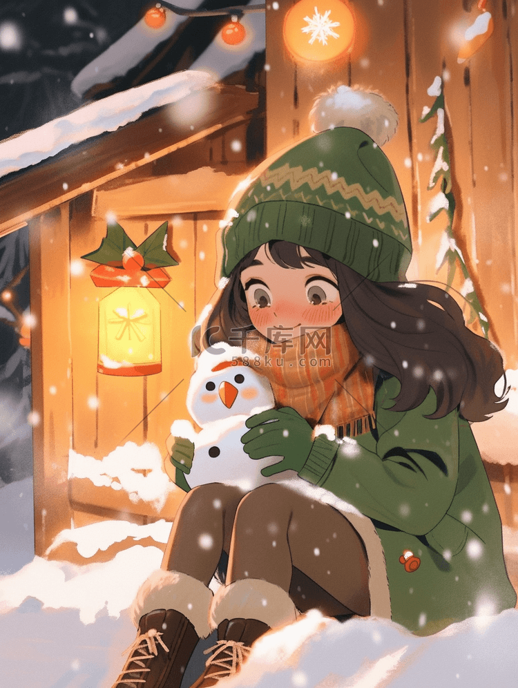 冬天手绘插画圣诞节可爱女孩雪人木屋