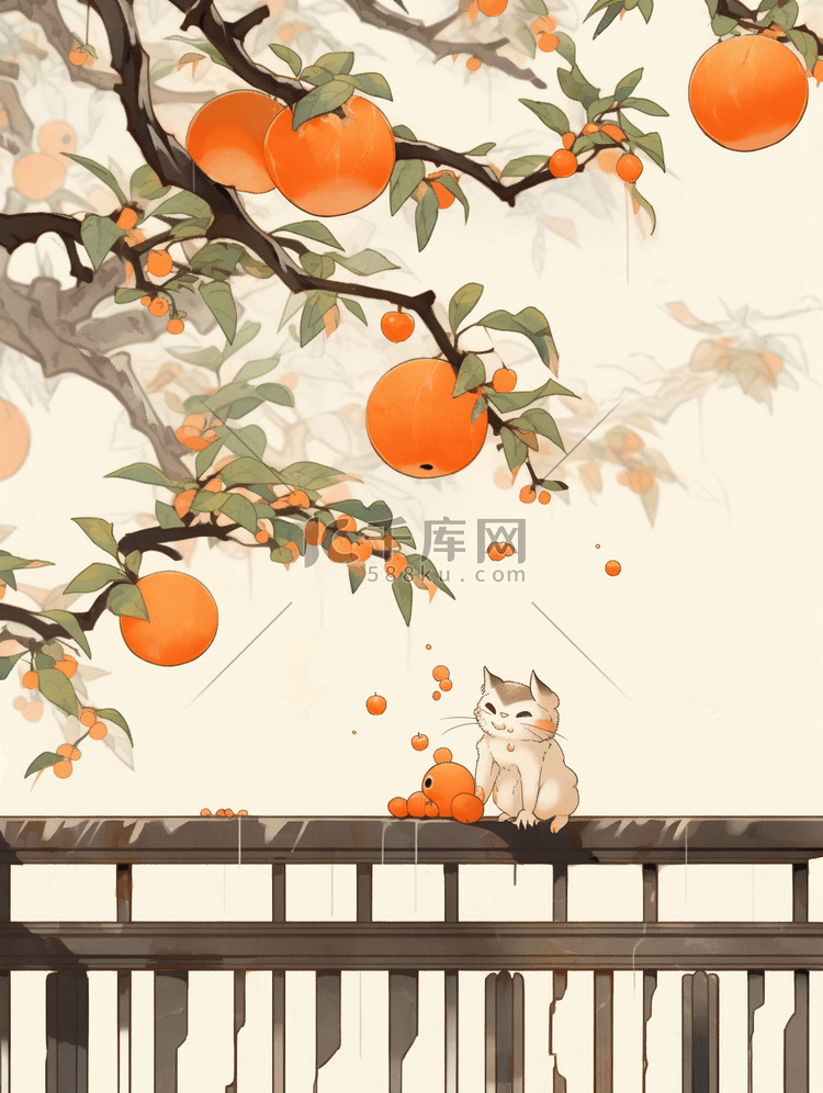 新年冬季国风插画柿子树小猫