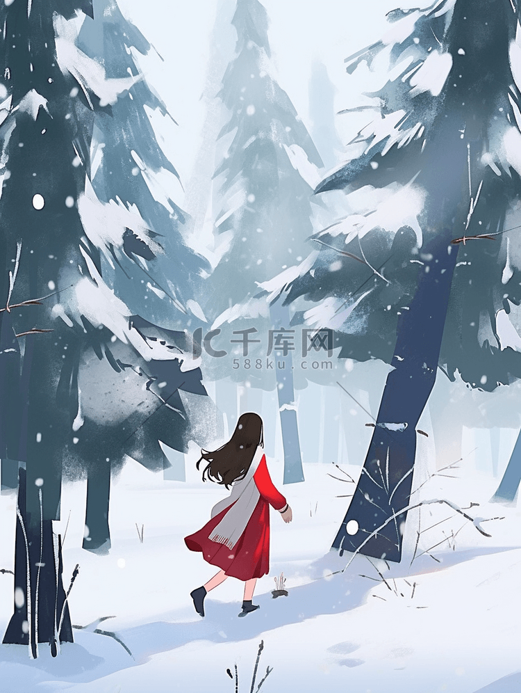 冬天可爱女孩松树林里插画海报