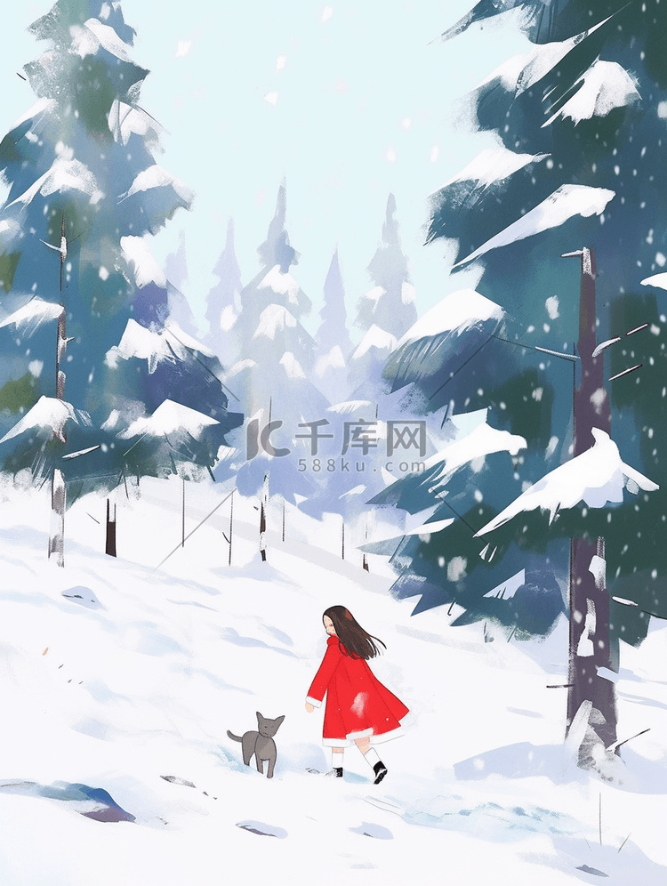 松树林里可爱女孩插画海报冬天