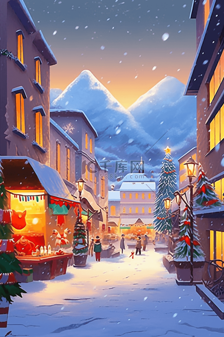 冬天圣诞节小镇圣诞树手绘插画