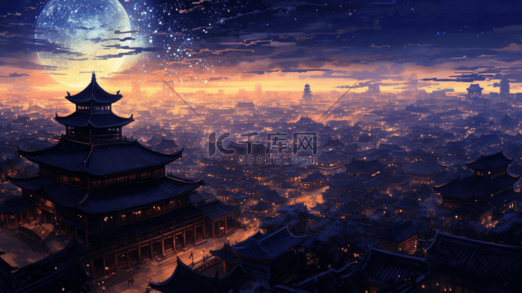 中国古代城镇节日庆典夜景插画5