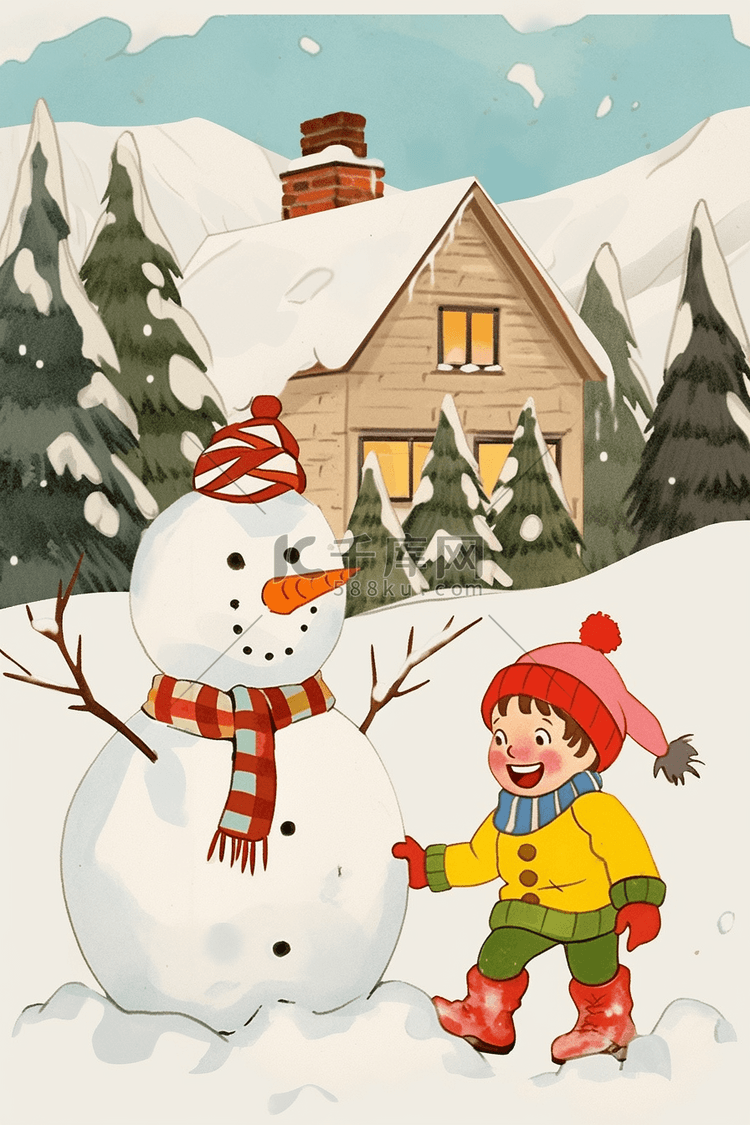 孩子一起堆雪人冬天卡通手绘插画