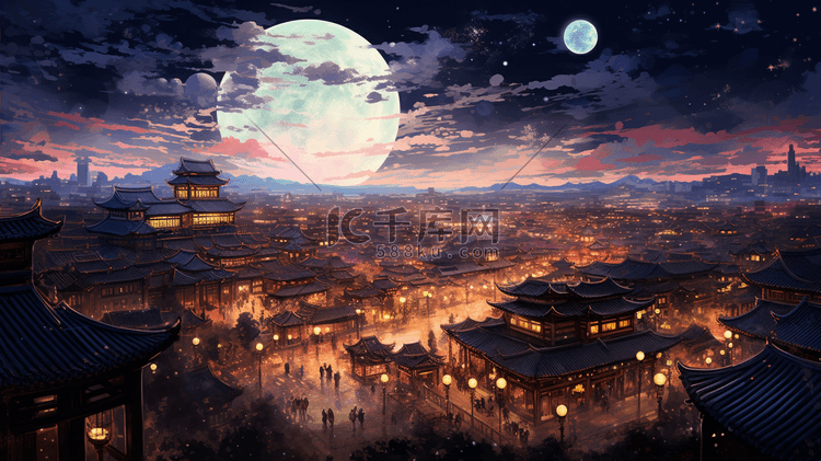 中国古代城镇圆月夜景插画1