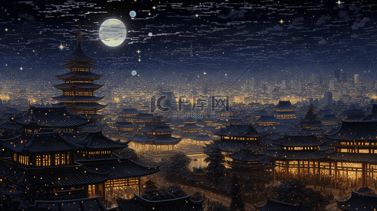 中国古代城镇圆月夜景插画5