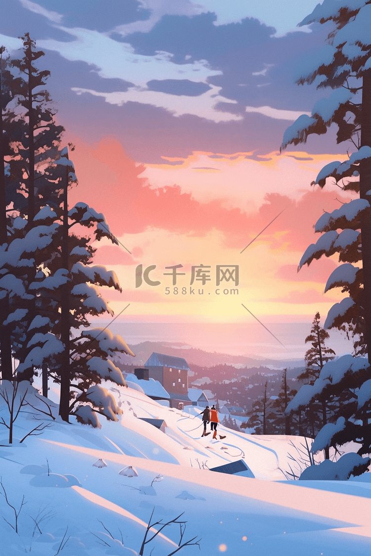冬天滑雪雪景晚霞手绘插画海报