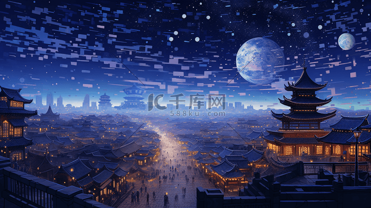 中国古代城镇圆月夜景插画11