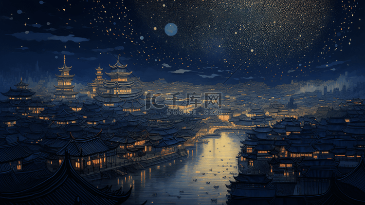 中国古代城镇节日庆典夜景插画8