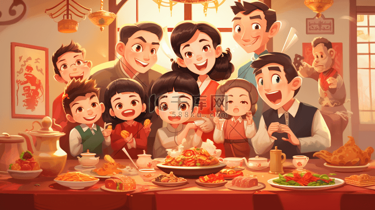 红色新年吃饭元旦家人团聚喜庆手绘插画中国风美食聚餐人物
