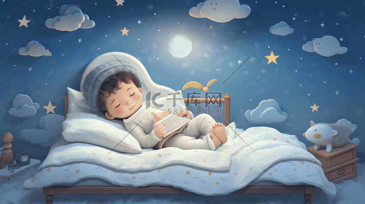 蓝色唯美月亮畅游梦境月亮宝宝睡觉插画背景模板