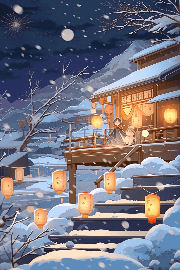 冬天下雪手绘插画木屋海报