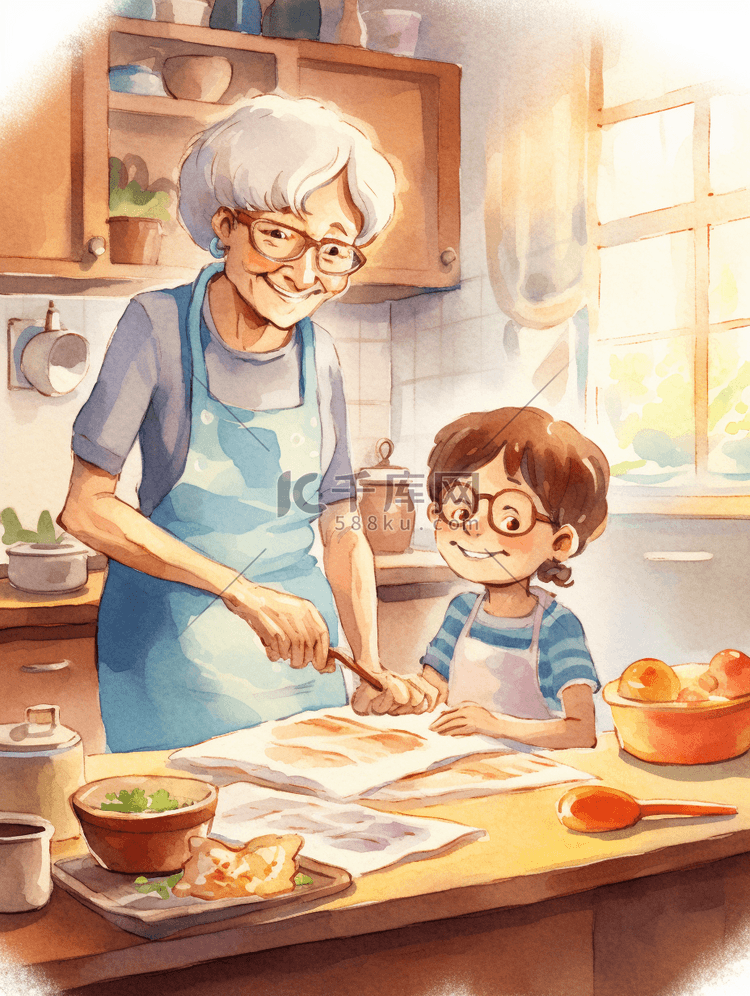 跟着老奶奶学习做饭的小孩子插画3