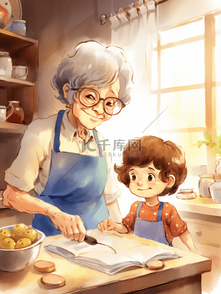 跟着老奶奶学习做饭的小孩子插画26