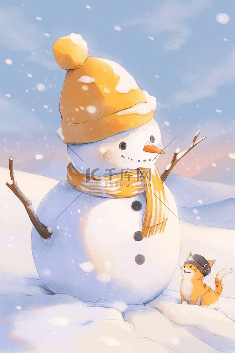 冬天赏雪雪人宠物手绘插画
