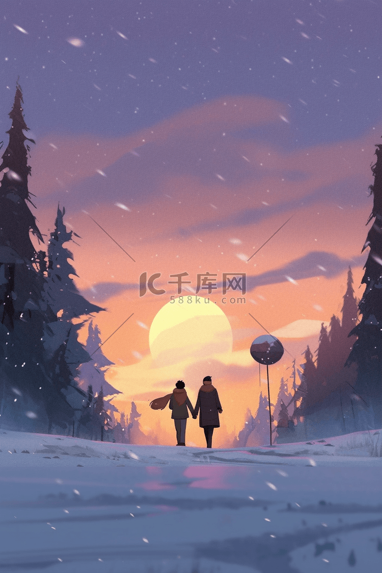 冬天手绘唯美雪景情侣赏雪插画