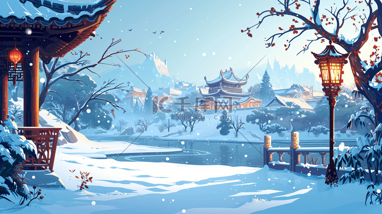 冬季唯美中国风古典建筑雪景插画12