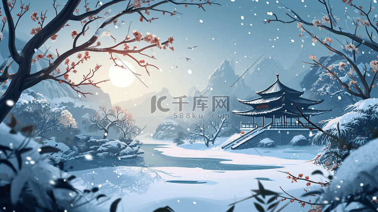 冬季唯美中国风古典建筑雪景插画23