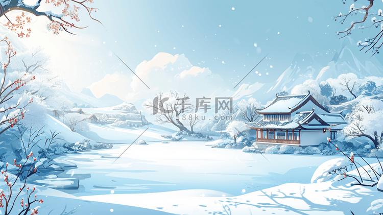 冬季唯美中国风古典建筑雪景插画21