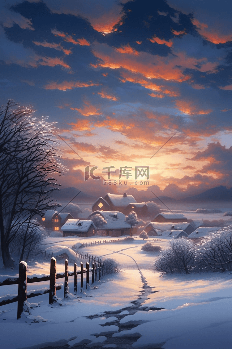 唯美雪景夕阳冬天插画海报