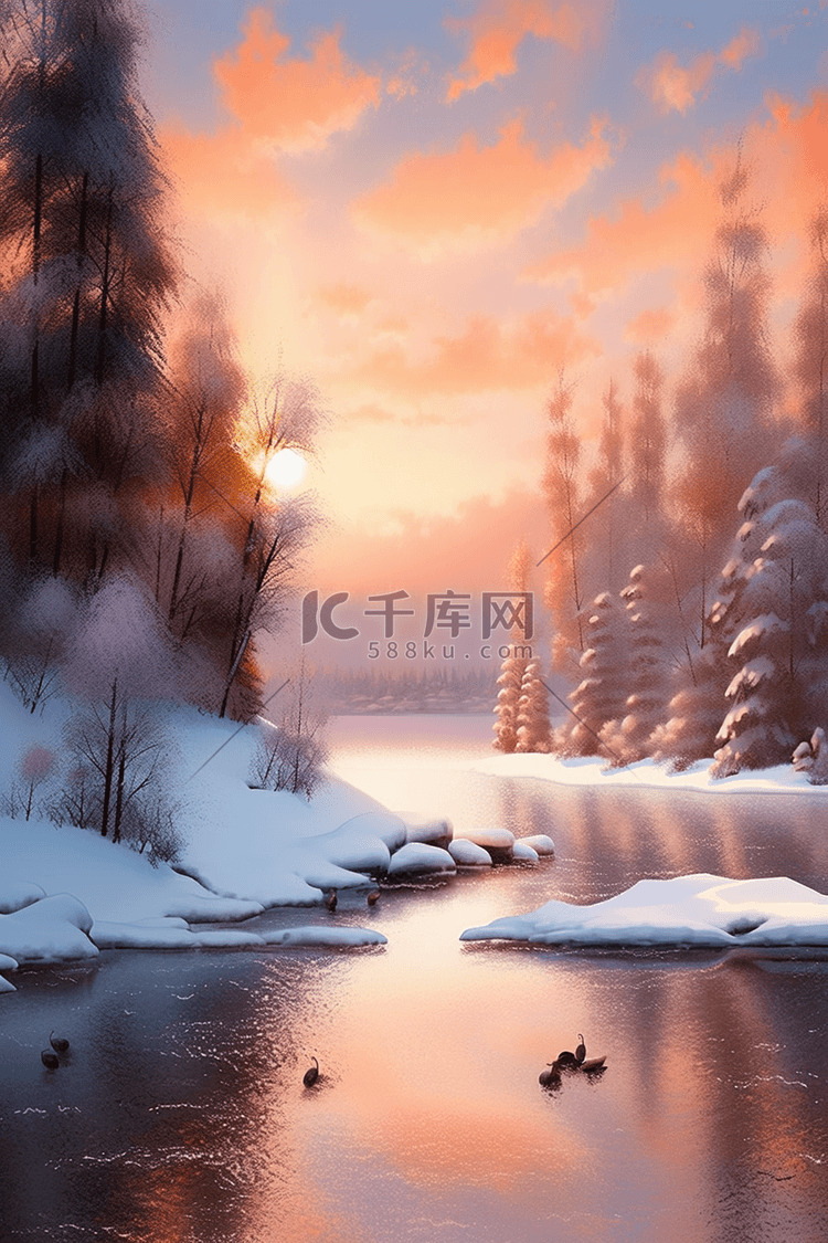 冬天唯美晚霞雪景手绘插画