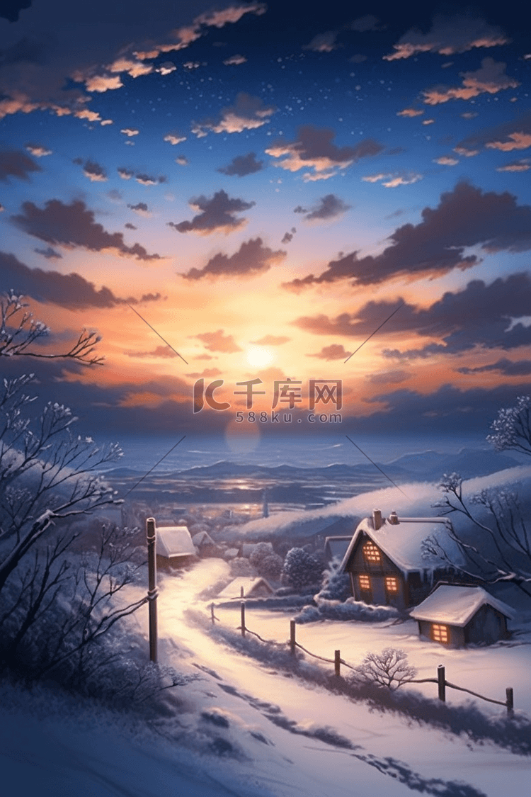 雪景冬天唯美夕阳插画海报