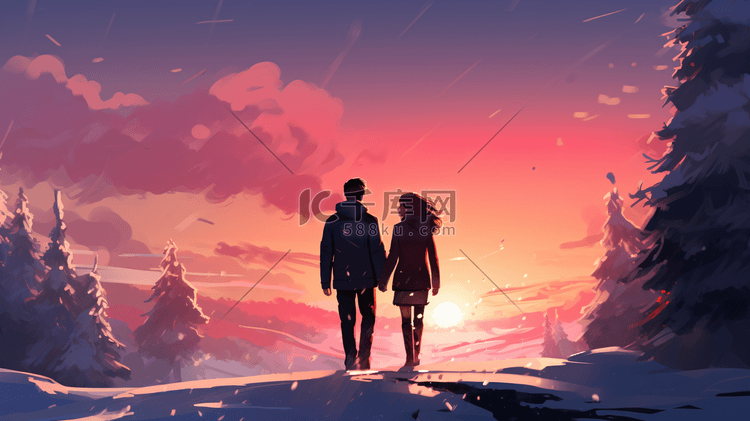 雪地里散步的情侣