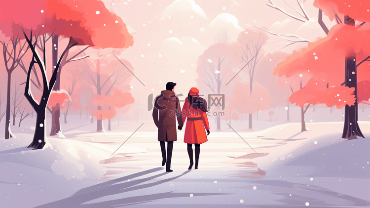 雪地里散步的情侣