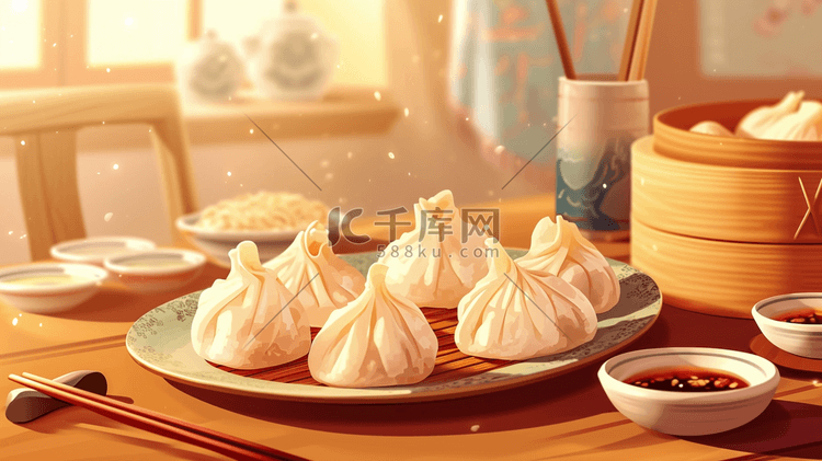 手绘中式蒸饺早餐美味插画19