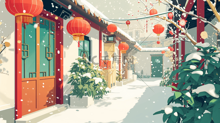 冬季中式庭院雪景唯美插画9