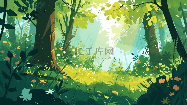 手绘绿色森林风景插画8