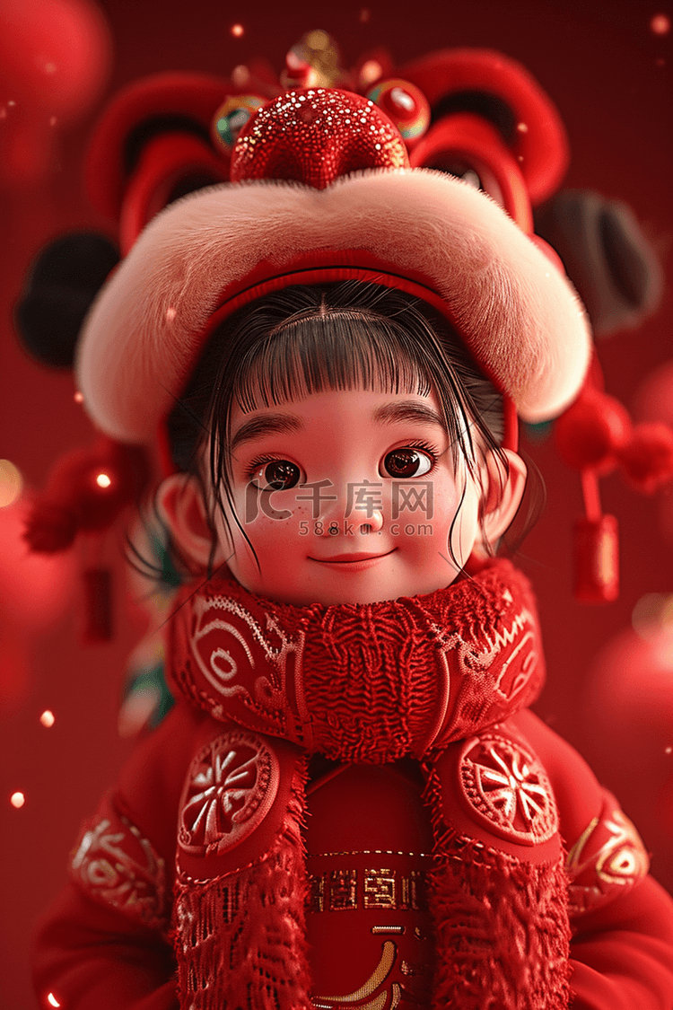 龙头帽新年女孩3d立体手绘海报插图