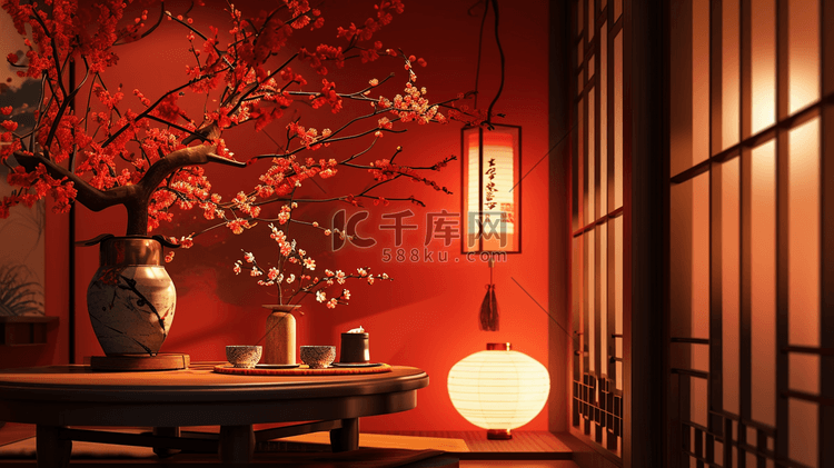 红色中国风中式庭院装饰大气插画14