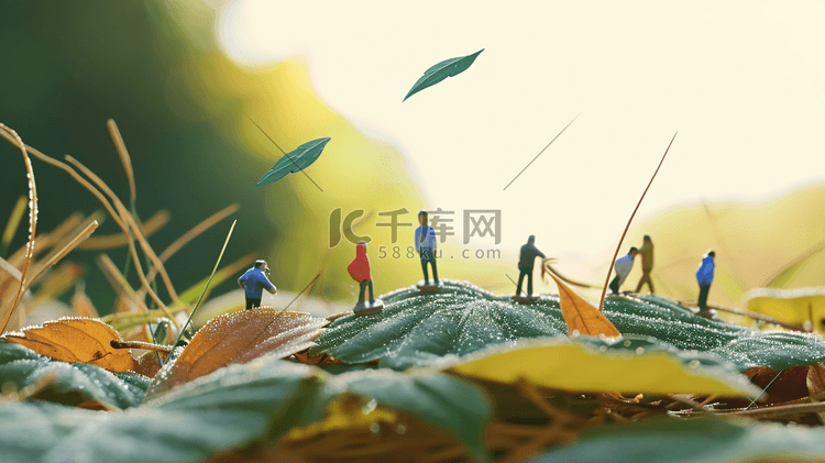 行走在树叶上的卡通小人插画14