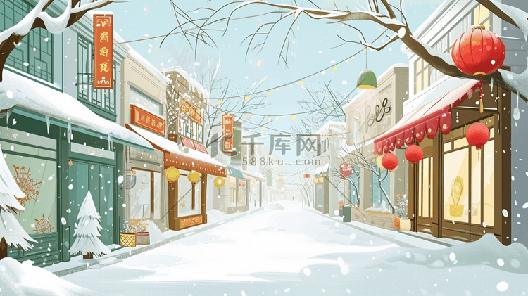 冬季国风彩绘商店外街道上下雪的插画16