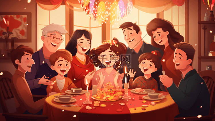 中国新年一家人团聚吃团团饭的插画10