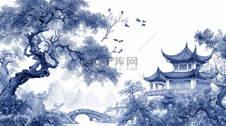 素描山水风景风光带亭子的插画4