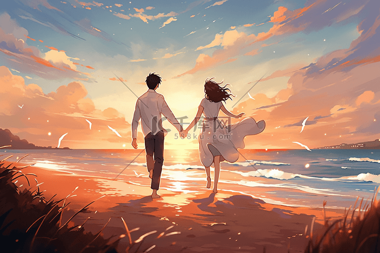 情侣海边散步手绘插画情人节海报