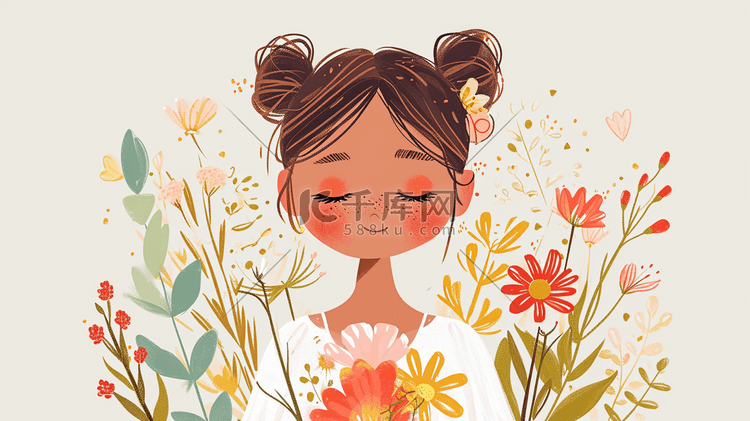简约清新漂亮女孩手拿花朵花束的背景15插画素材