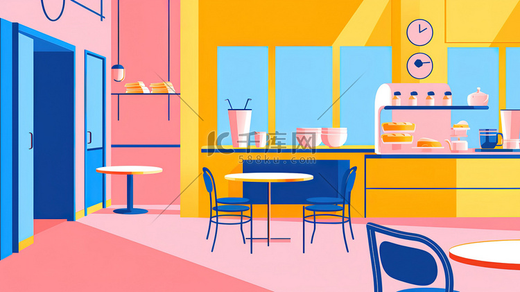咖啡馆粉色黄色和蓝色插画
