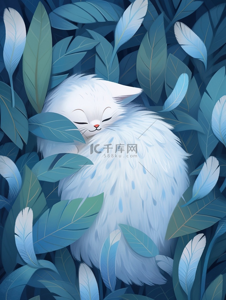 白色的猫藏蓝色的羽毛中插画设计