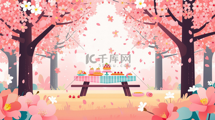 樱花林野餐桌上的美食矢量插画